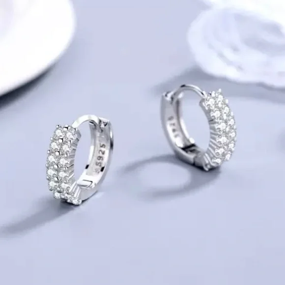 SOLD 925 Silver Needle Double Row Crystal Zircon Round Stud Earrings - Picture 4 of 5